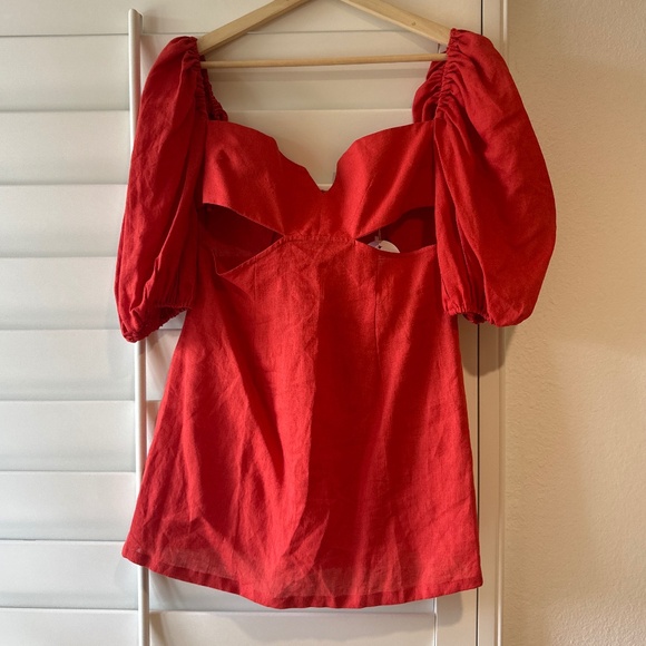 RUMER NWT Freya Cut Out Mini Dress Linen Puffed Sleeves Tuscany Red M - Picture 7 of 11